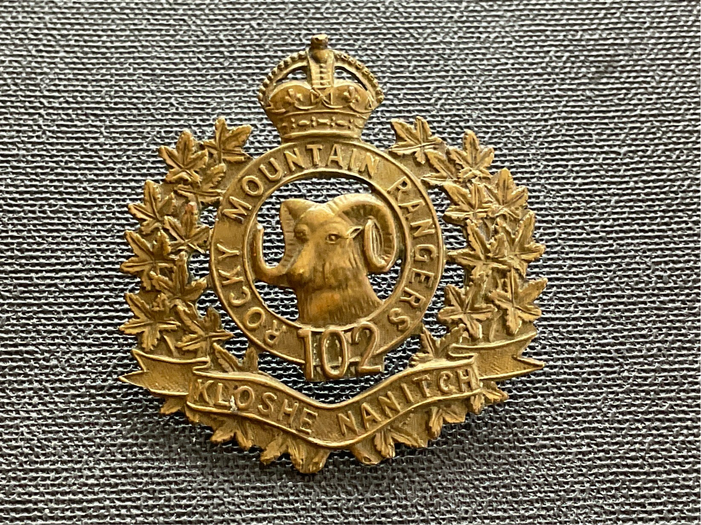 Canadian 102nd Rocky Mountain Rangers ( kloshe Manitch) cap badge.